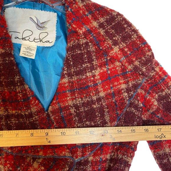 Boucle Jacket XS Tartan Red Belted Ruffled Academia Retro Feminine Anthropologie - Picture 3 of 8